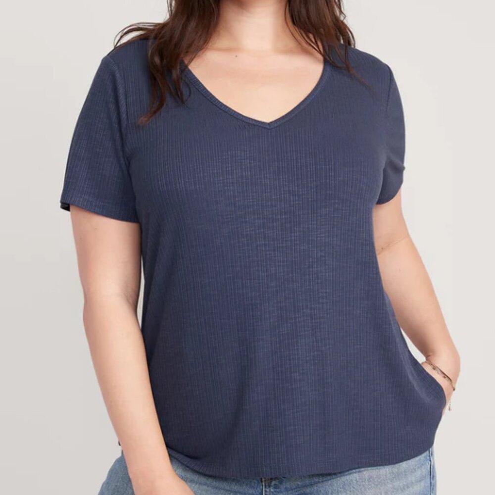Old Navy Plus Size Ribbed Navy Blue Luxe V-Neck Short Sleeve Top Size 3X